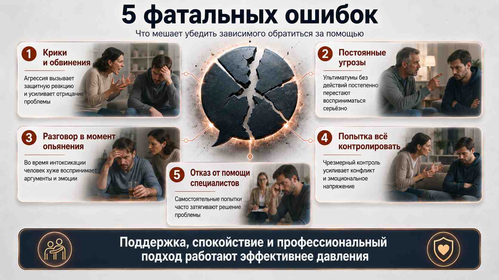 5 фатальных ошибок — что мешает убедить зависимого обратиться за помощью Инфографика о пяти ошибках при попытке убедить зависимого начать лечение: агрессия, угрозы, разговор во время опьянения, чрезмерный контроль и отказ от помощи специалистов