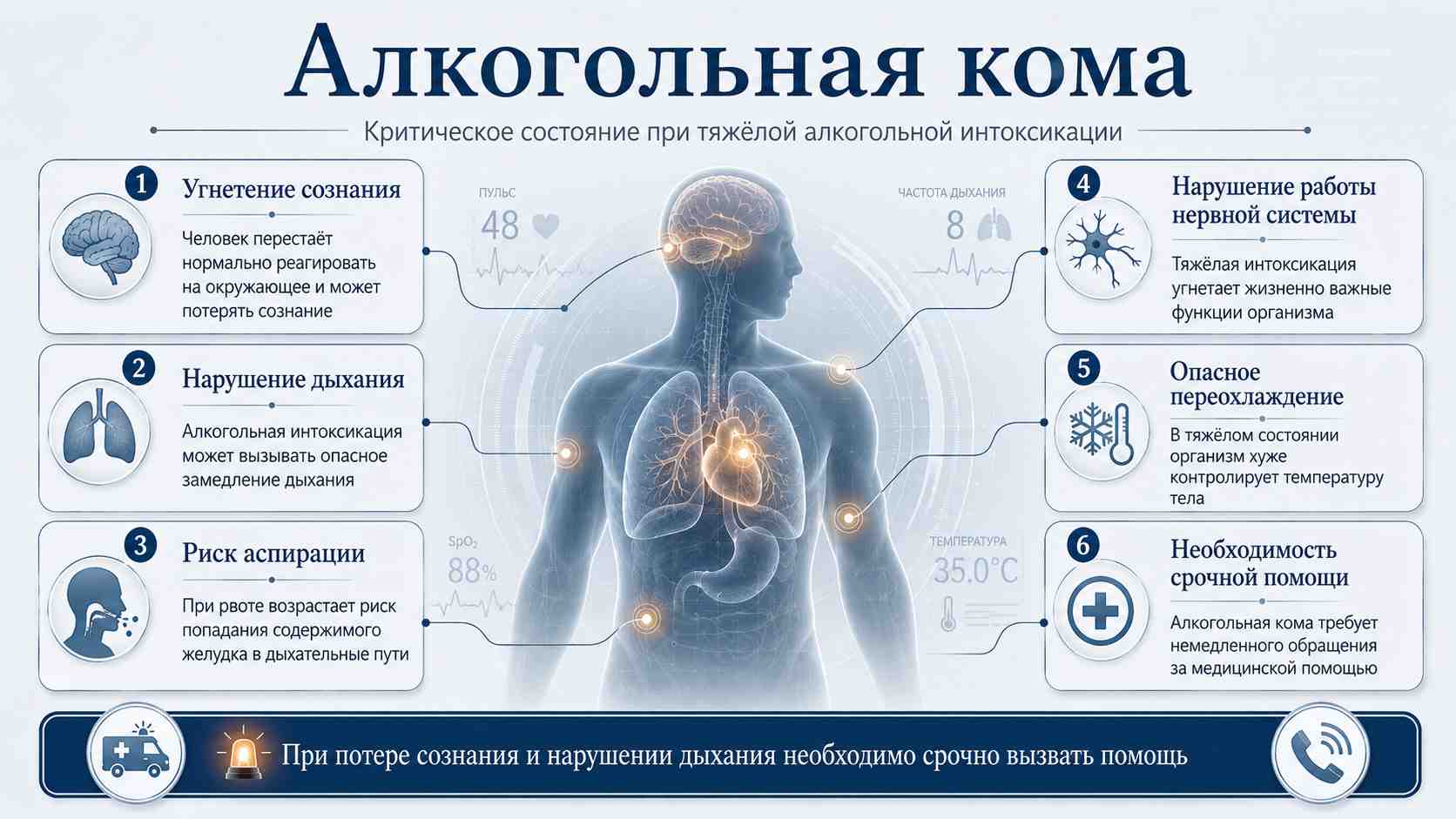 Алкогольная кома — критическое состояние при тяжёлой алкогольной интоксикации Инфографика об алкогольной коме: угнетение сознания, нарушение дыхания, риск аспирации, нарушение работы нервной системы, опасное переохлаждение и необходимость срочной медицинской помощи.
