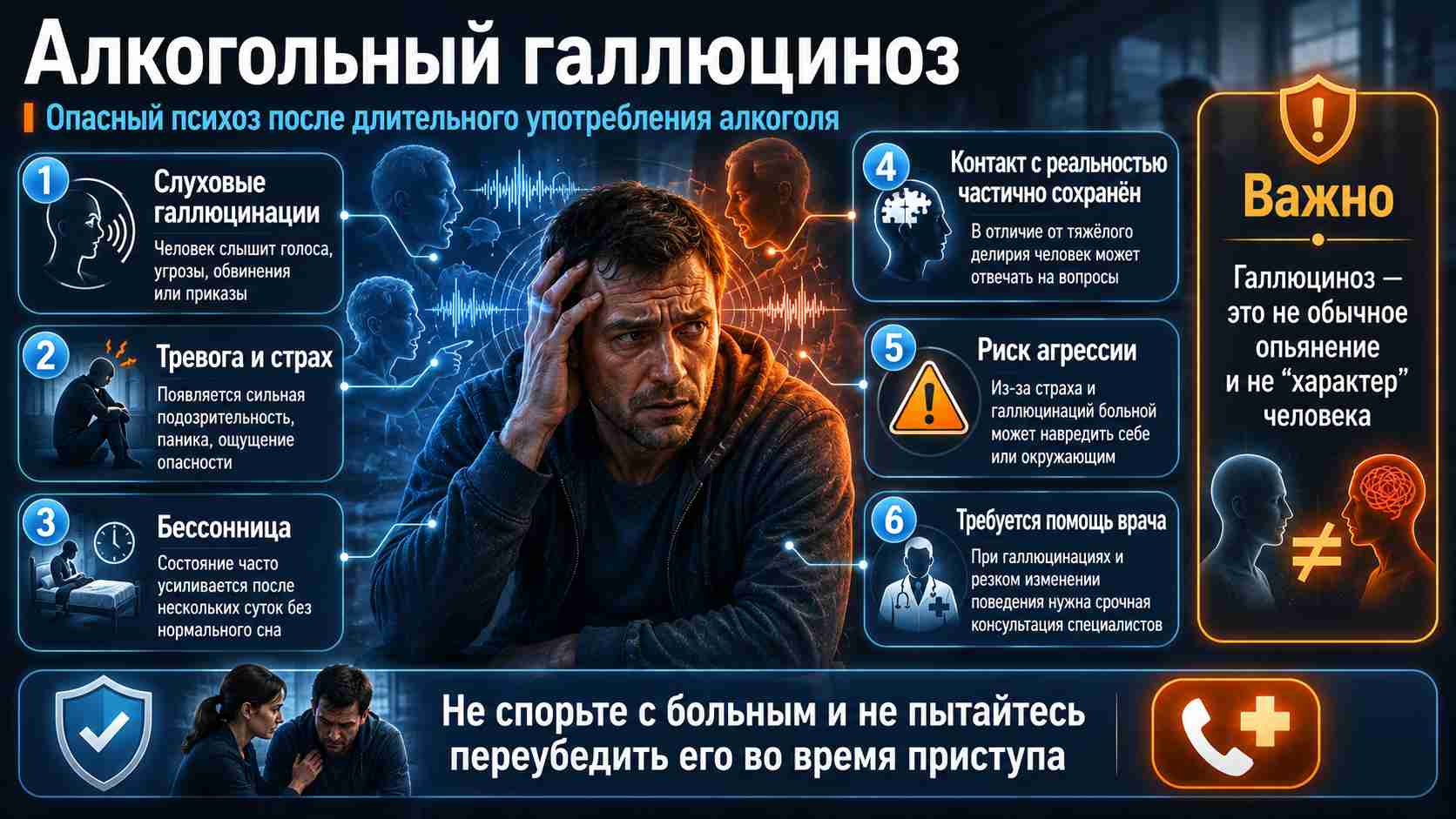 Алкогольный галлюциноз — опасный психоз после длительного употребления алкоголя Медицинская инфографика об алкогольном галлюцинозе: слуховые галлюцинации, тревога и страх, бессонница, частичное сохранение контакта с реальностью, риск агрессии и необходимость срочной помощи врача.