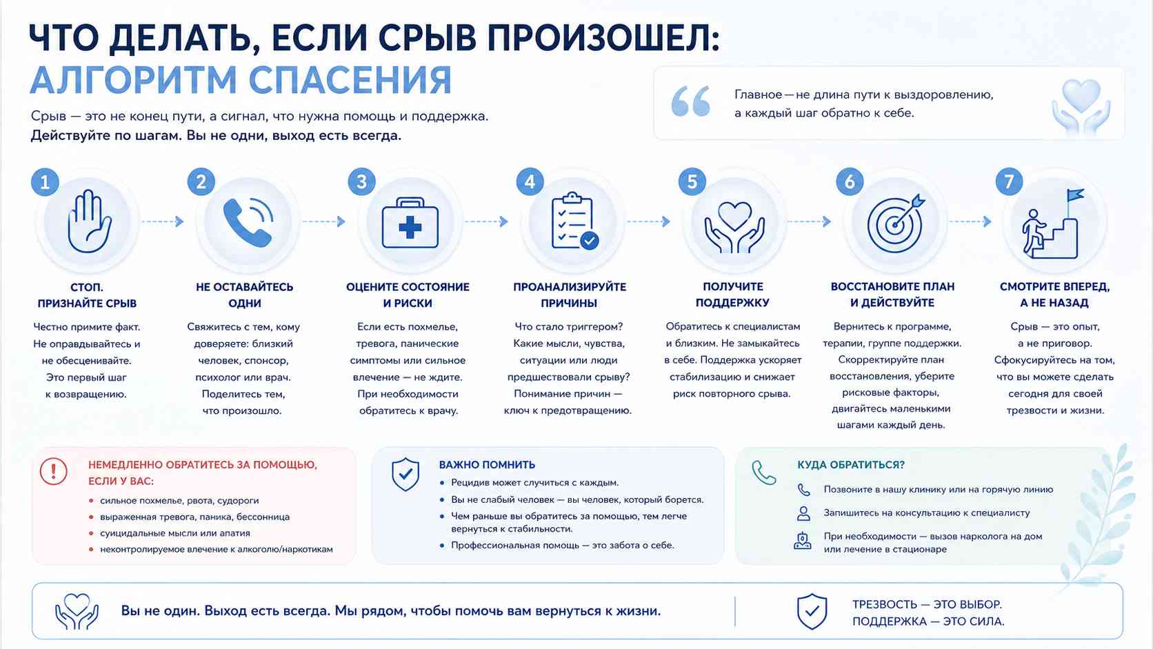 Что делать, если произошел срыв — алгоритм помощи Пошаговая инфографика о действиях после срыва при алкогольной или наркотической зависимости.