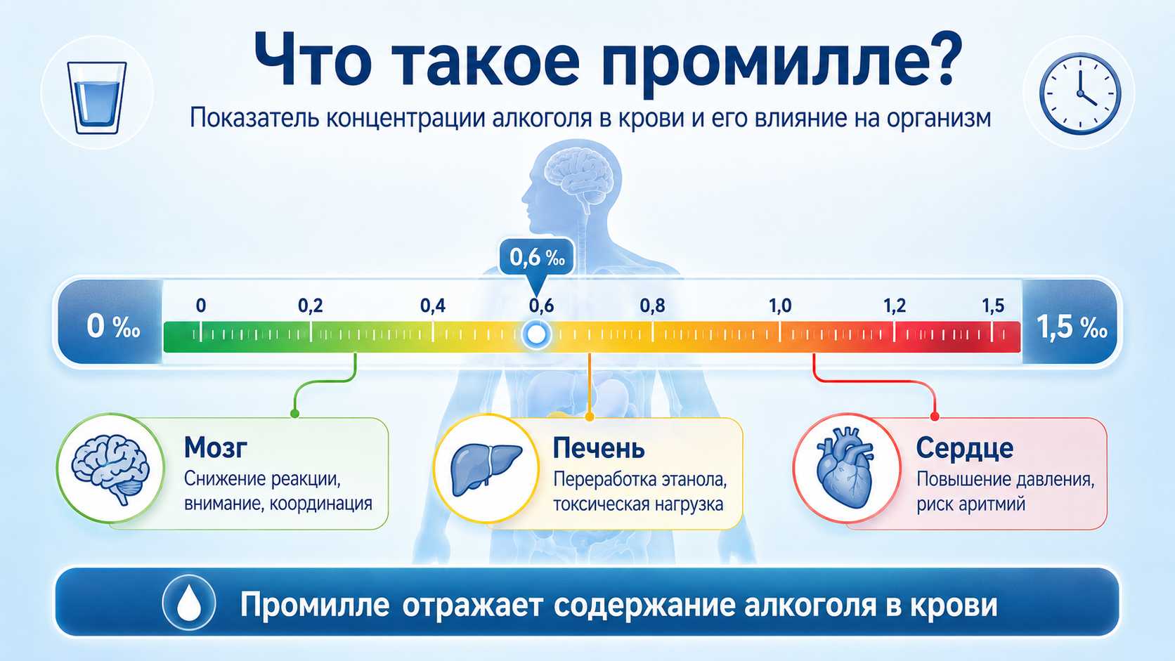 Что такое промилле? Показатель концентрации алкоголя в крови Что такое промилле — медицинская инфографика о концентрации алкоголя в крови и влиянии на мозг, печень и сердце.
