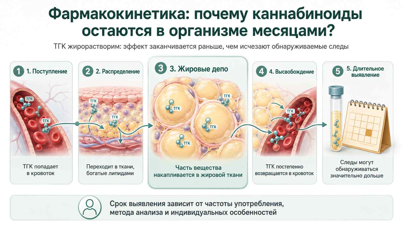 Фармакокинетика ТГК: почему следы сохраняются дольше эффекта Инфографика о фармакокинетике ТГК: поступление в кровоток, распределение в тканях, накопление в жировых депо, постепенное высвобождение и длительное выявление следов при тестировании.