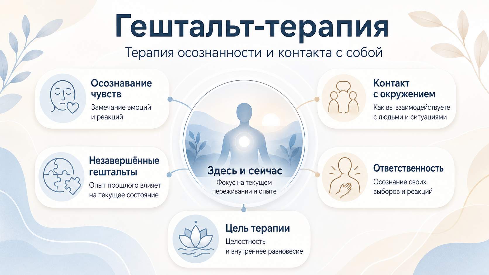 Гештальт-терапия — карта осознанности и контакта Мягкая инфографика о гештальт-терапии в светлой нейтральной палитре.