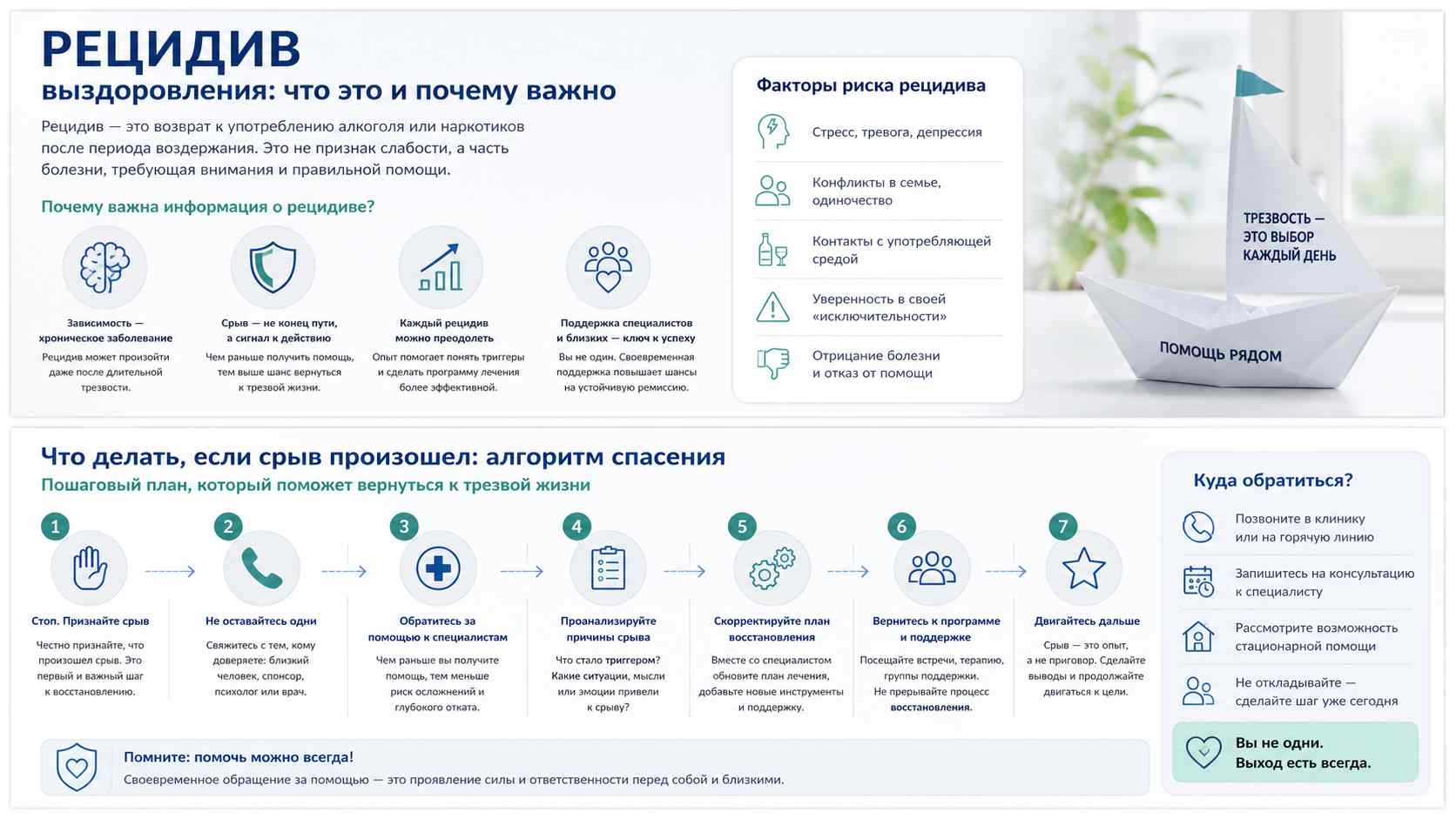 Рецидив зависимости — что важно знать Инфографика о рецидиве зависимости: причины срыва, факторы риска и поддержка на пути к восстановлению.