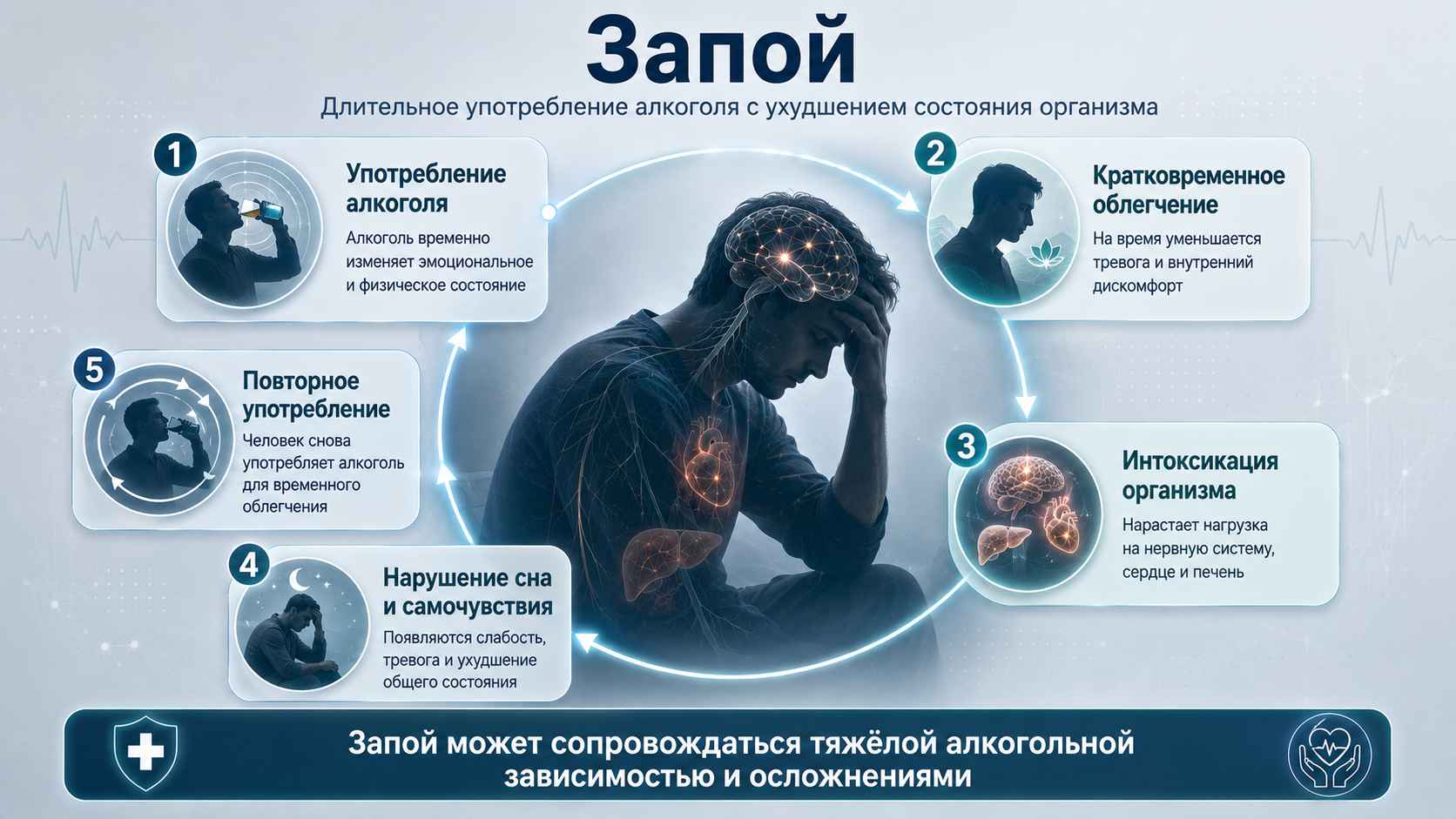 Запой — длительное употребление алкоголя с ухудшением состояния организма Инфографика о запое: цикл длительного употребления алкоголя, интоксикации организма, нарушений сна и повторного употребления на фоне ухудшения состояния.